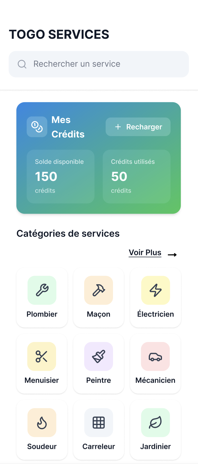 Écran d’accueil de l’application Togo Services